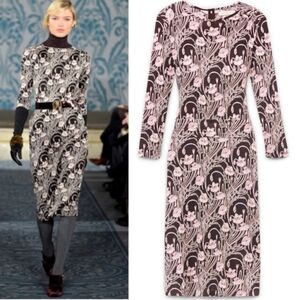 Tory Burch Botanical Floral 100% Silk 3/4 Sleeve Office Midi Dress